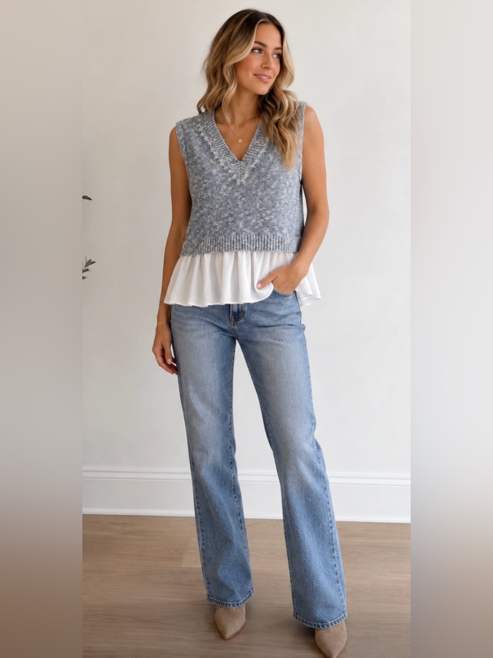Knit Sleeveless Sweater Vest in Heather Blue with White Hem